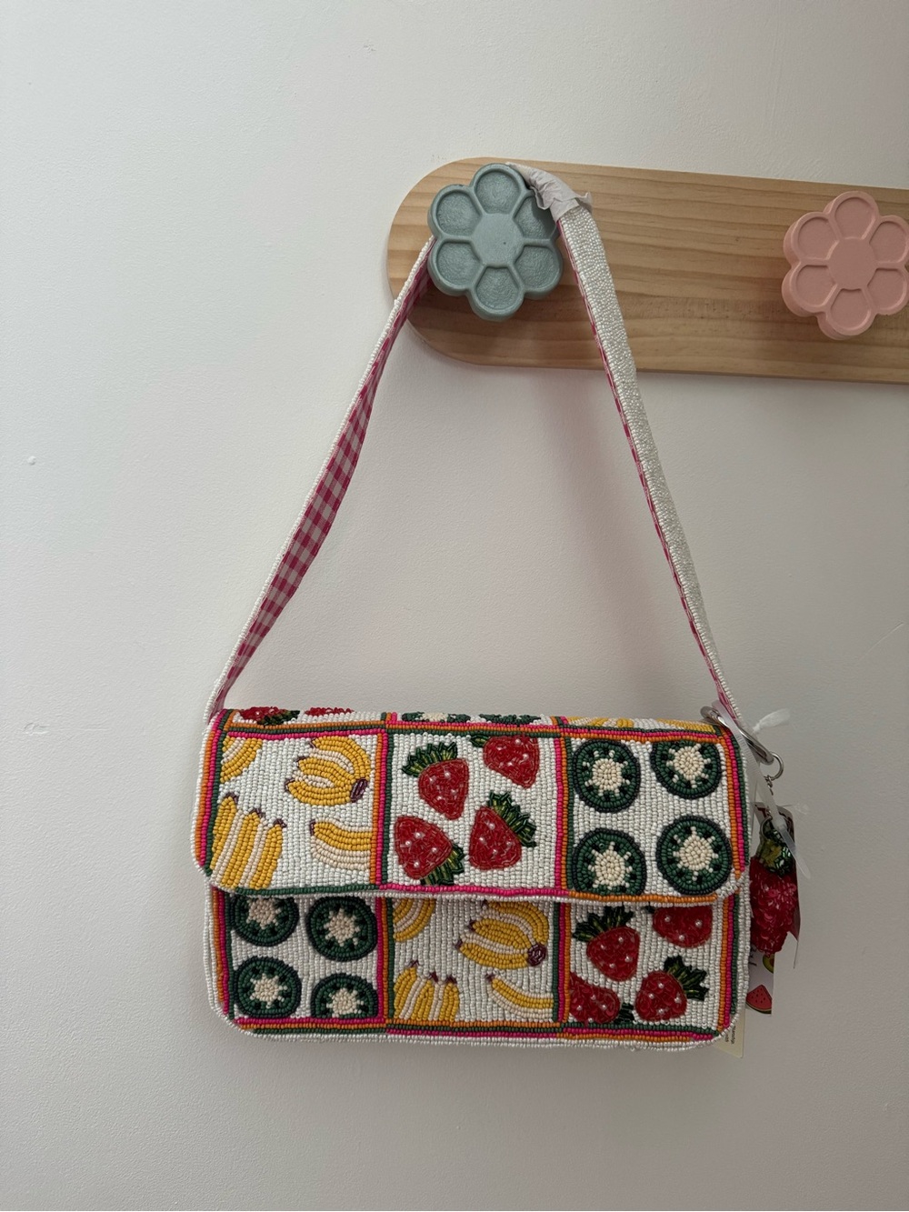 Beaded Fruit Patchwork Shoulder Bag - Farmer’s Market Fruit w/ Strawberry Charm